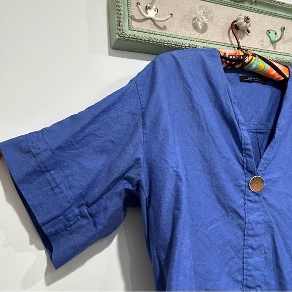 Zara cropped over side blouse Blue Large Button Half Sleeve Top small - Picture 3 of 6